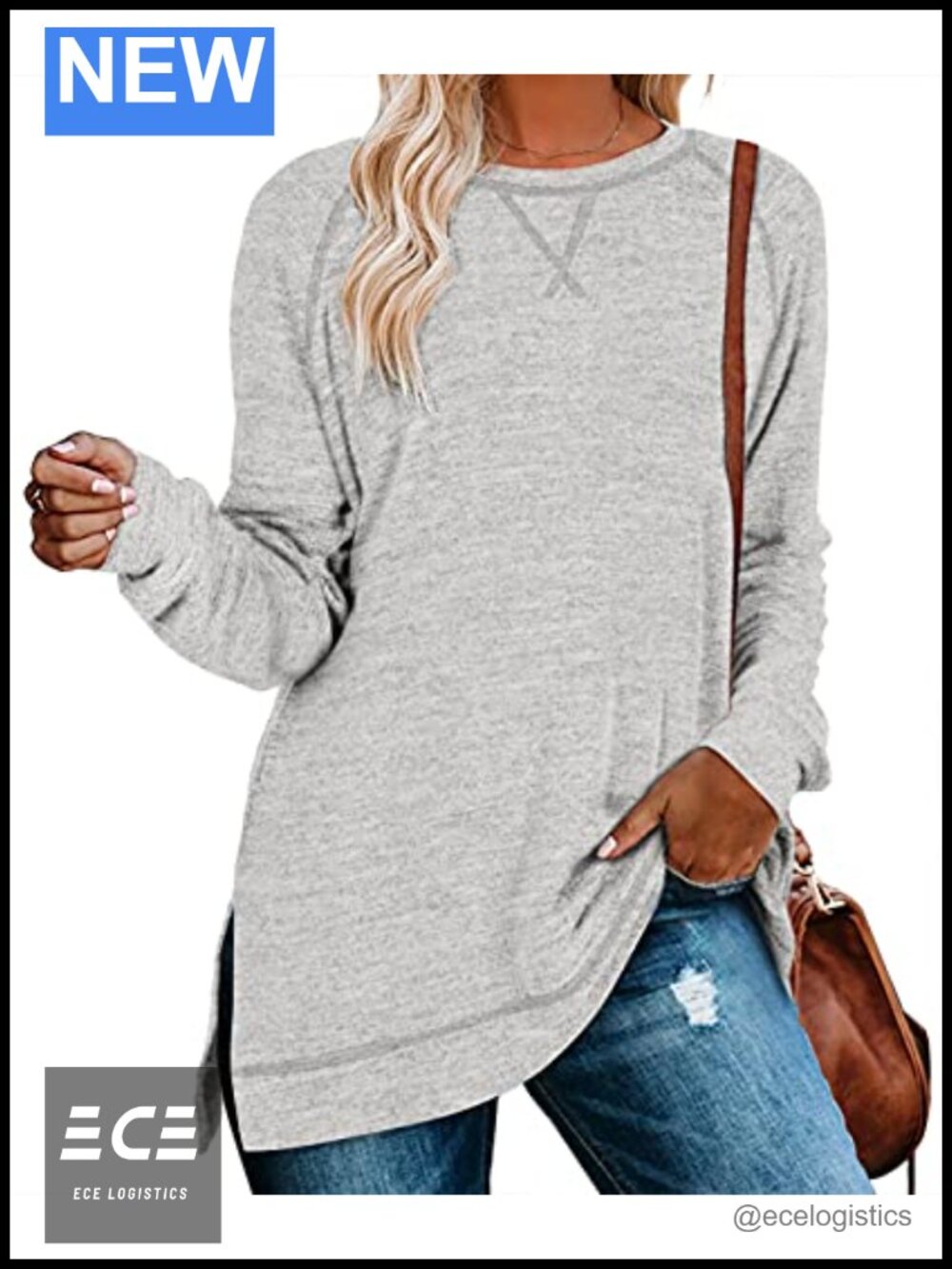 Womens Loose Fit Long Sleeve Tunic Top Crewneck Side Split Pullover